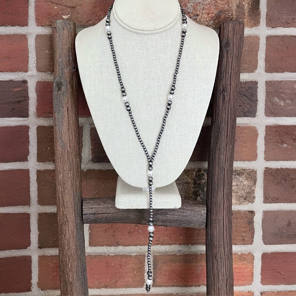 Navajo Style Pearl Lariat Necklace with White Faux Pearls